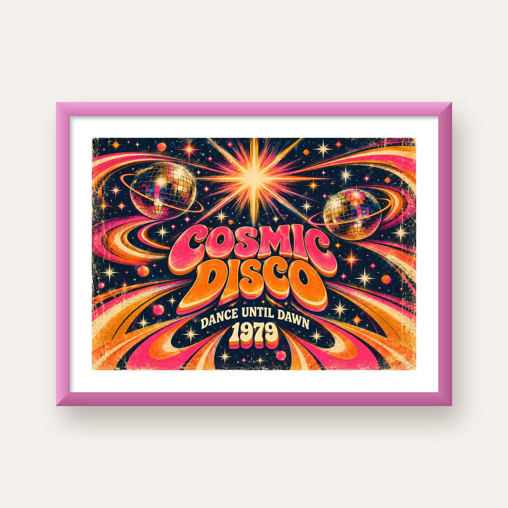 Retro Kozmik Disko Poster – Uzay Temalı Renkli Pop-Art Duvar Dekoru — pembe çerçeveli paspartulu