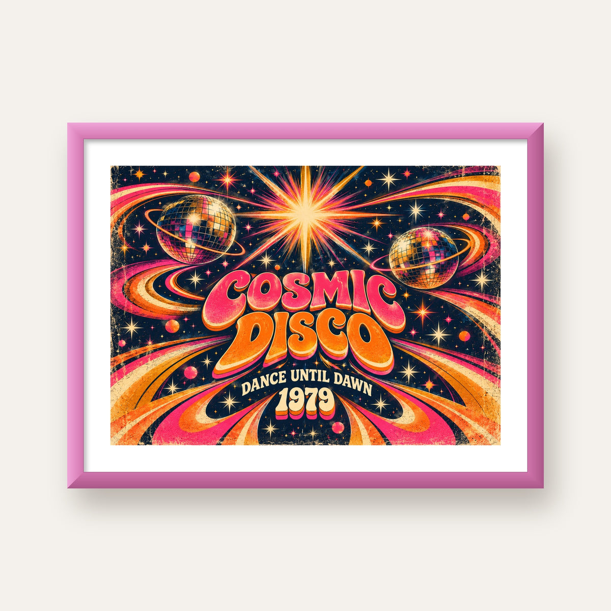 Retro Kozmik Disko Poster – Uzay Temalı Renkli Pop-Art Duvar Dekoru — pembe çerçeveli paspartulu