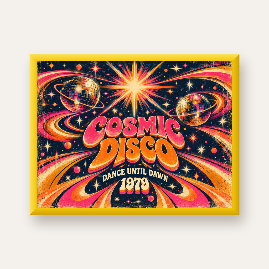 Retro Kozmik Disko Poster – Uzay Temalı Renkli Pop-Art Duvar Dekoru — sarı çerçeveli