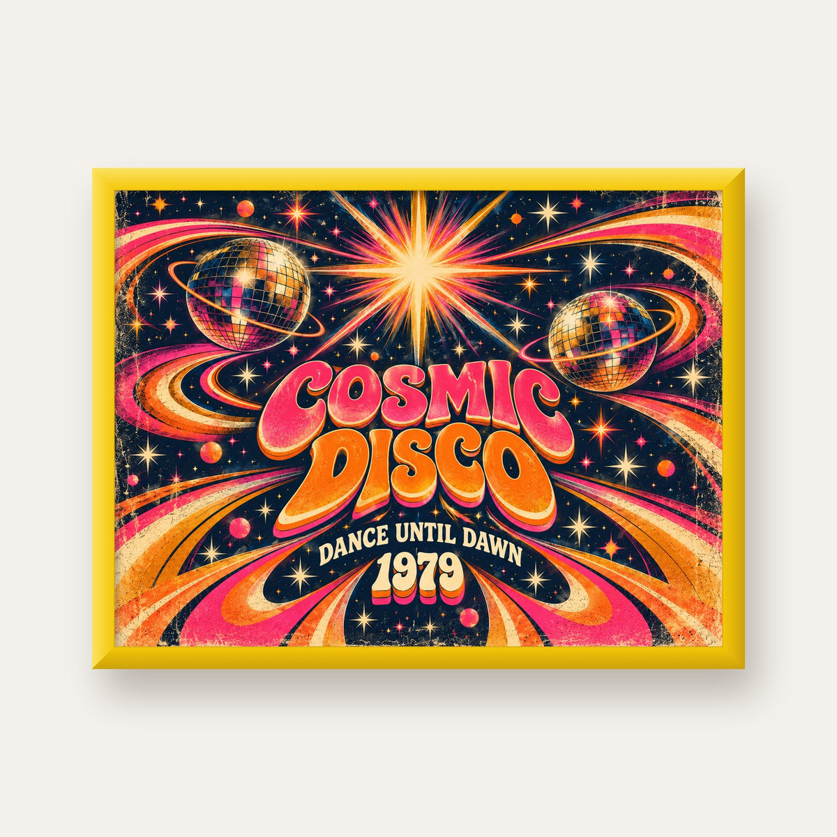 Retro Kozmik Disko Poster – Uzay Temalı Renkli Pop-Art Duvar Dekoru — sarı çerçeveli