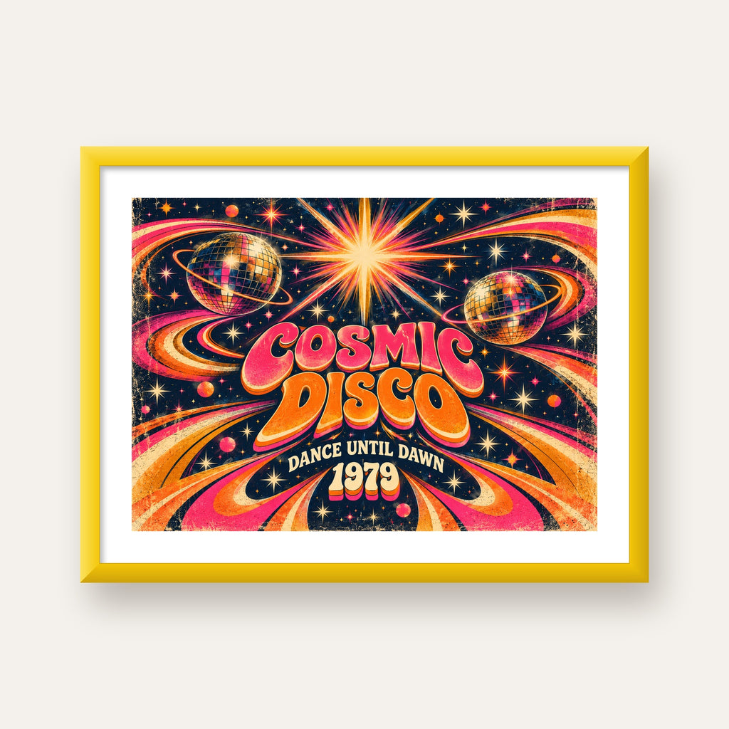 Retro Kozmik Disko Poster – Uzay Temalı Renkli Pop-Art Duvar Dekoru — sarı çerçeveli paspartulu