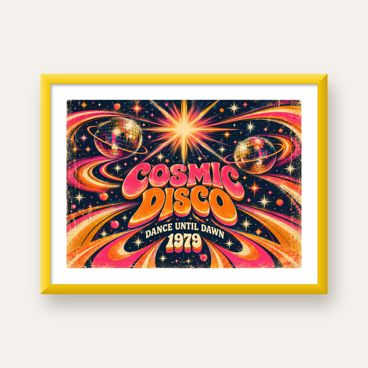 Retro Kozmik Disko Poster – Uzay Temalı Renkli Pop-Art Duvar Dekoru — sarı çerçeveli paspartulu