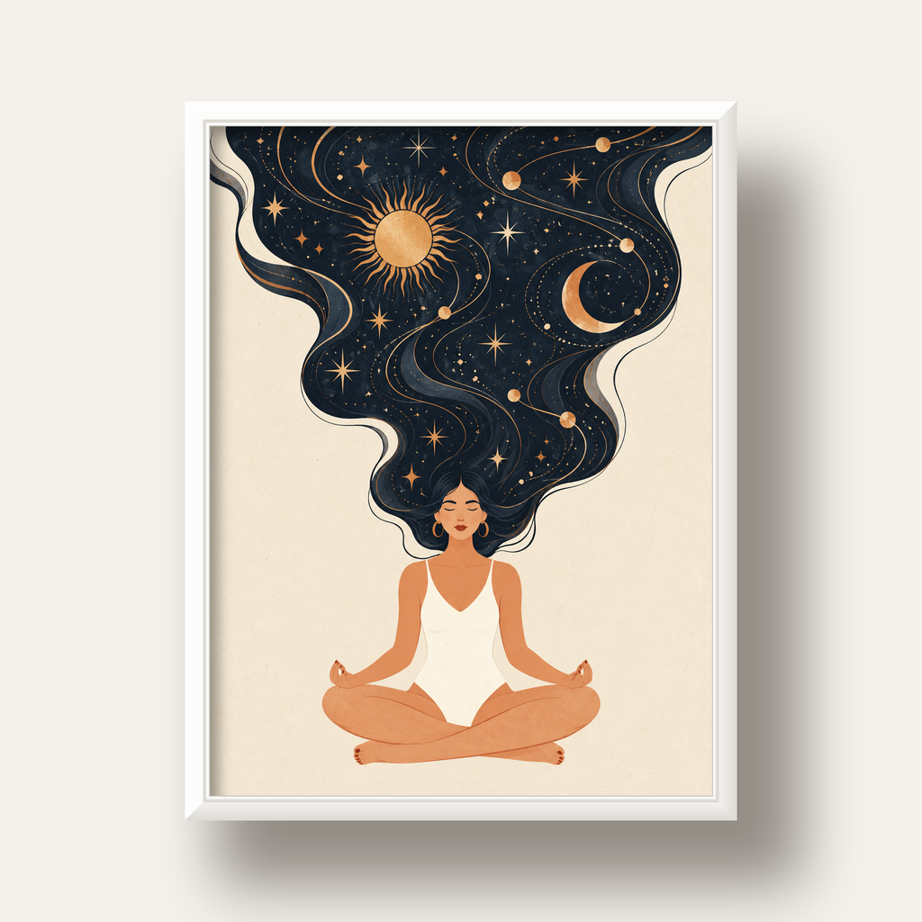 Kozmik Sükûnet Meditasyon Poster — beyaz derin çerçeveli