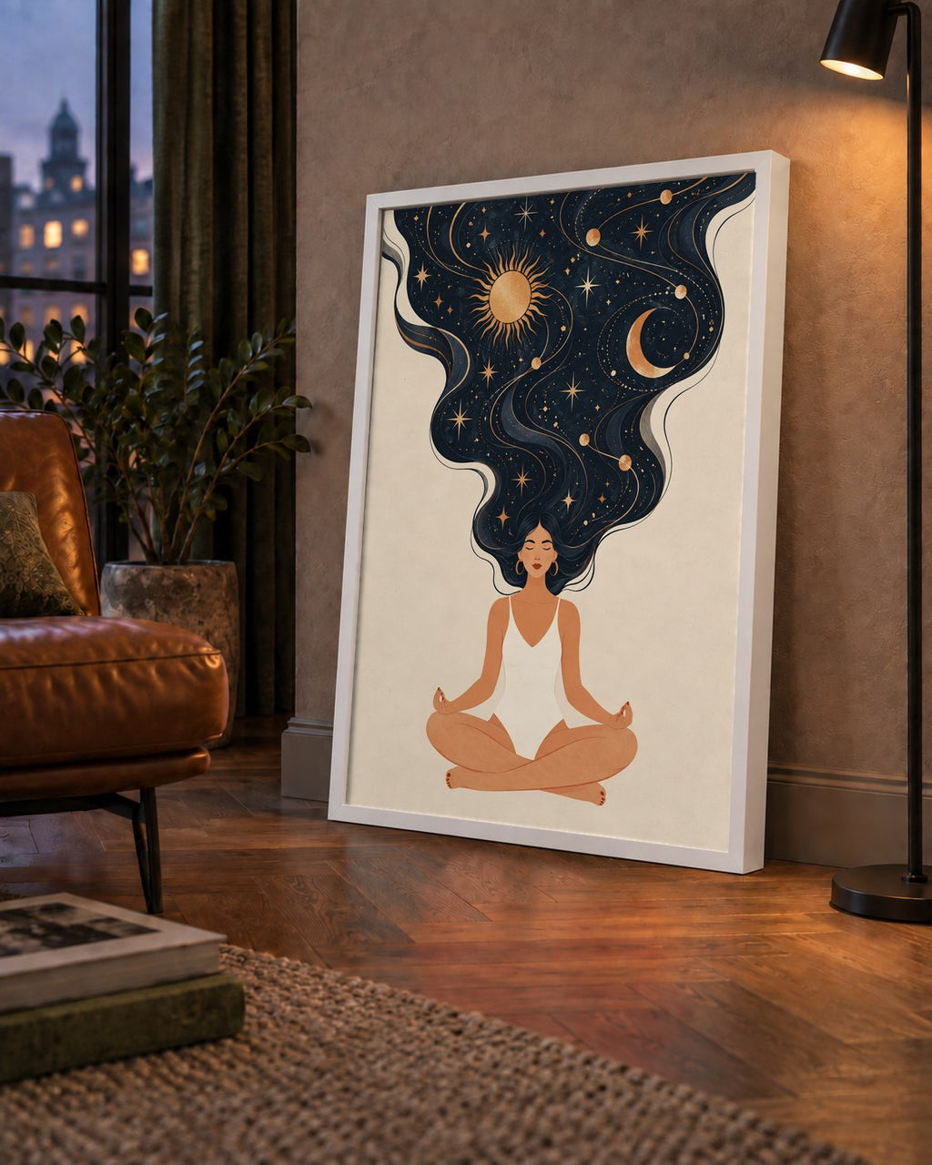 Kozmik Sükûnet Meditasyon Poster — çerçeveli hâliyle bir ev duvarında