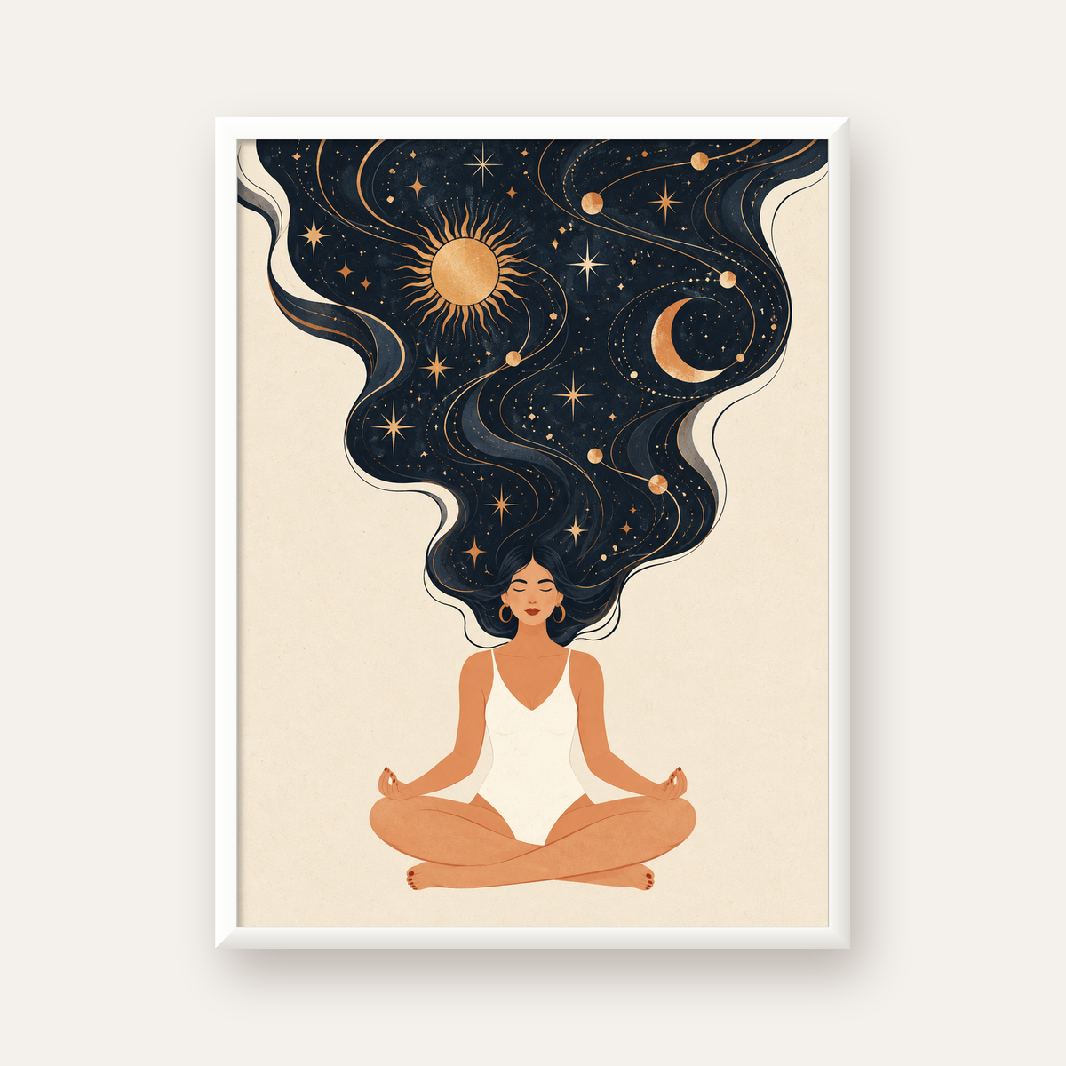 Kozmik Sükûnet Meditasyon Poster — beyaz çerçeveli dikey poster