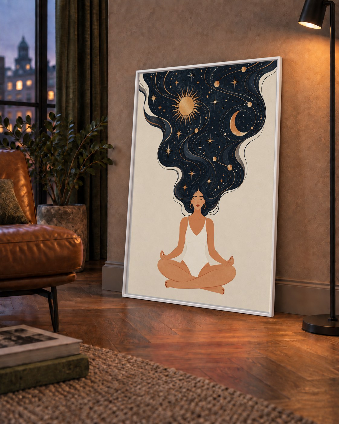 Kozmik Sükûnet Meditasyon Poster — çerçeveli hâliyle bir ev duvarında