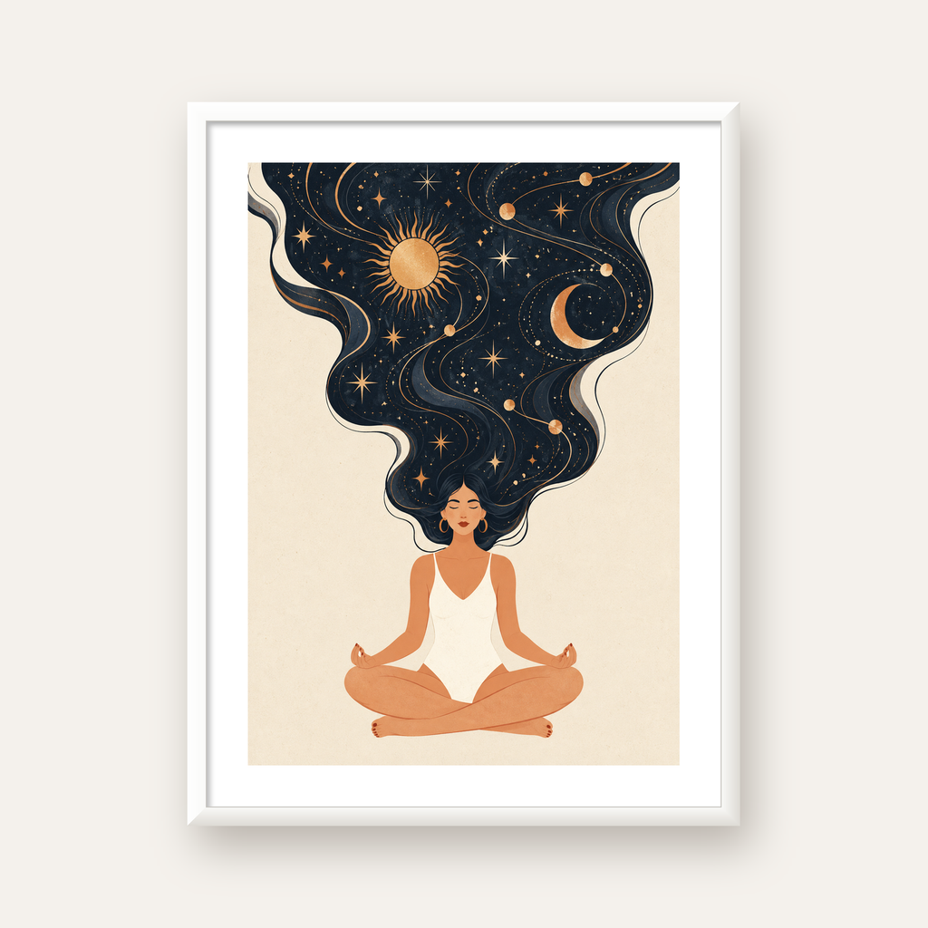Kozmik Sükûnet Meditasyon Poster — beyaz çerçeveli dikey poster