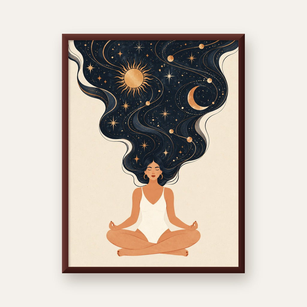 Kozmik Sükûnet Meditasyon Poster — ceviz çerçeveli