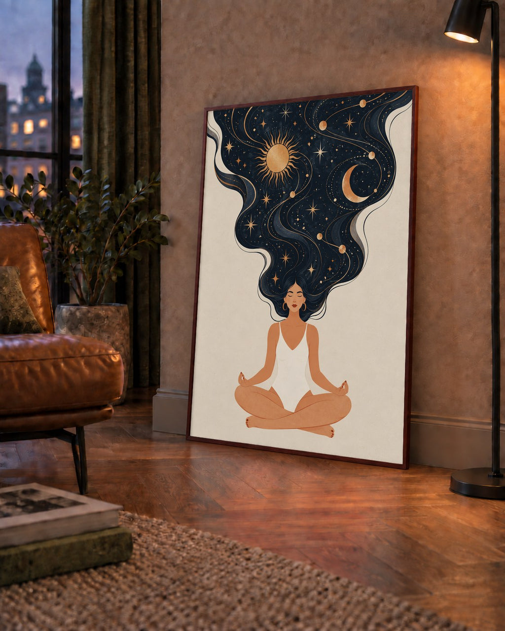 Kozmik Sükûnet Meditasyon Poster — çerçeveli hâliyle bir ev duvarında