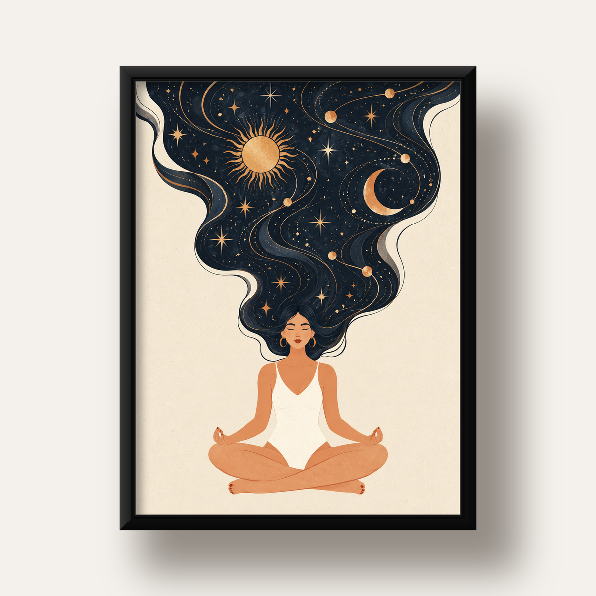 Kozmik Sükûnet Meditasyon Poster — siyah derin çerçeveli