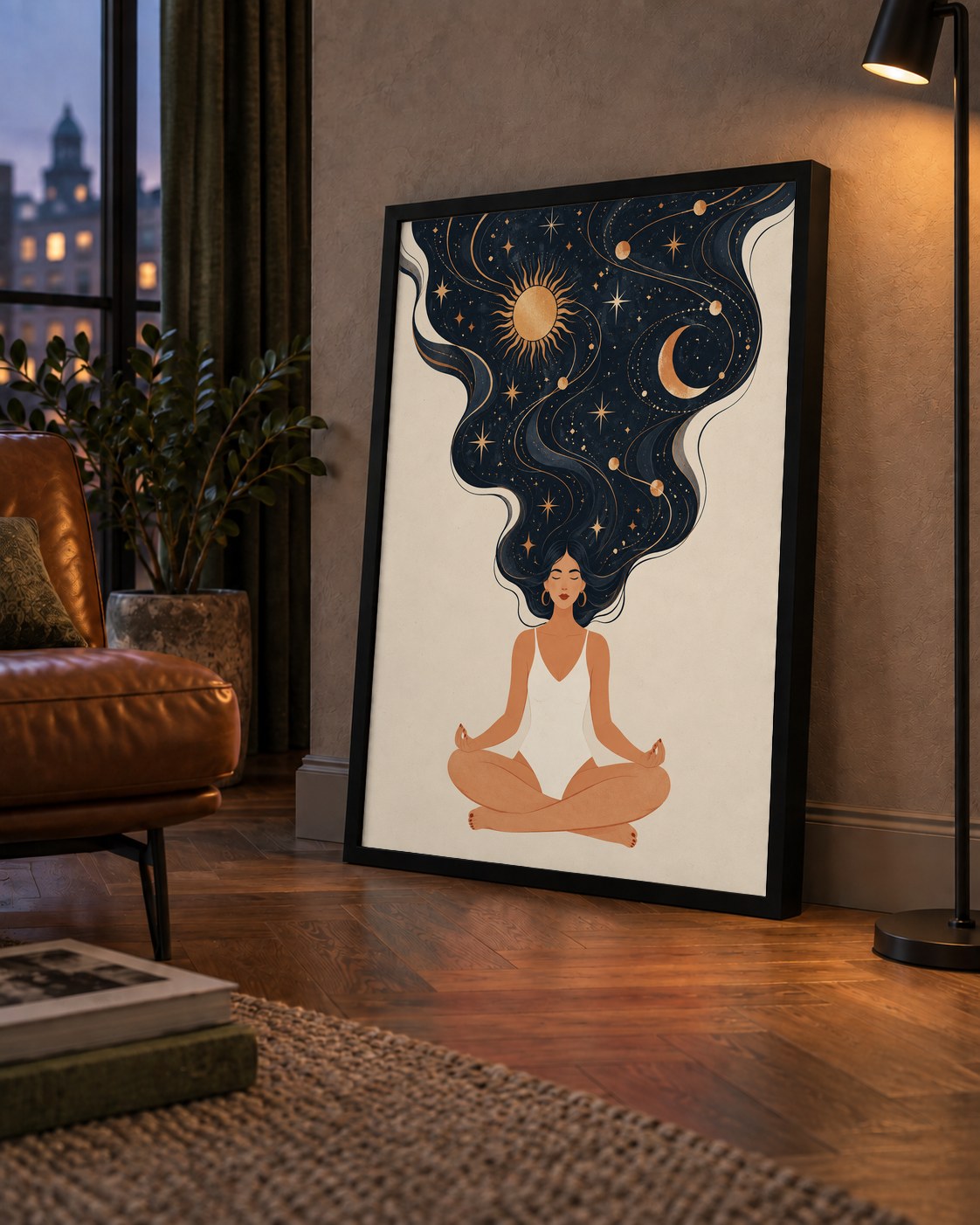 Kozmik Sükûnet Meditasyon Poster — çerçeveli hâliyle bir ev duvarında