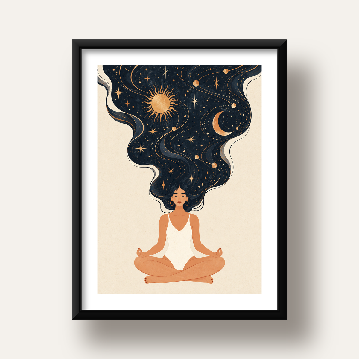 Kozmik Sükûnet Meditasyon Poster — siyah derin çerçeveli paspartulu