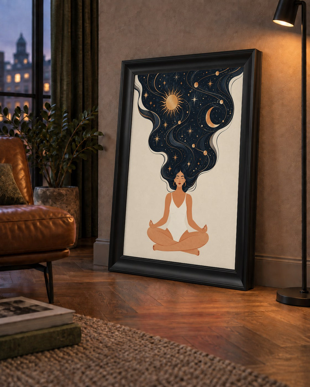 Kozmik Sükûnet Meditasyon Poster — çerçeveli hâliyle bir ev duvarında