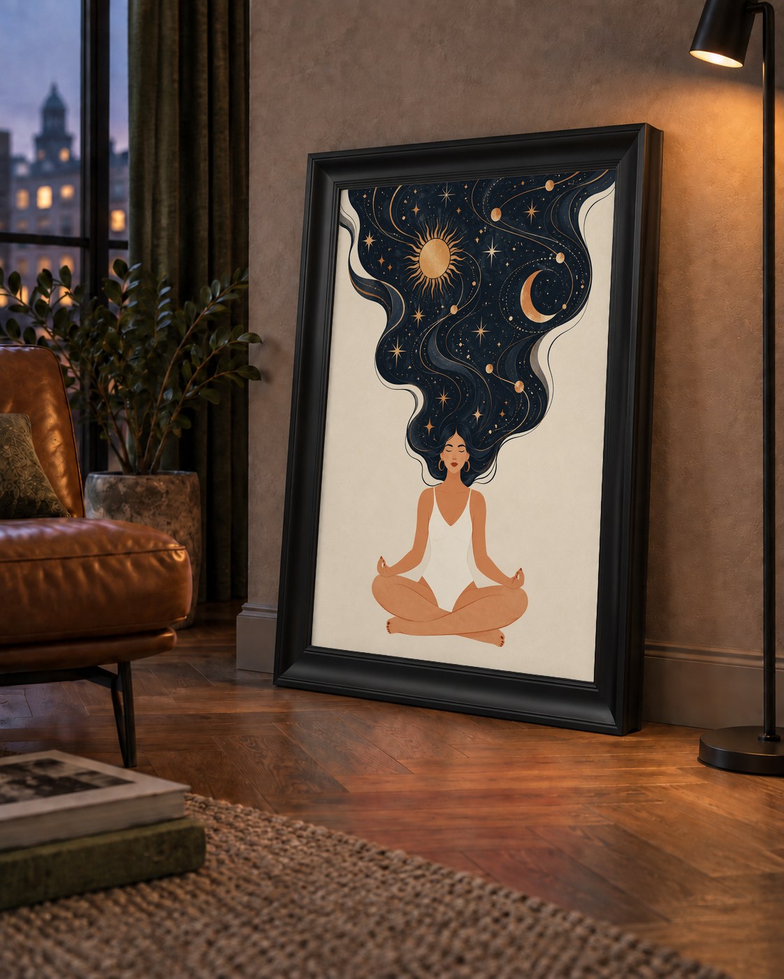Kozmik Sükûnet Meditasyon Poster — çerçeveli hâliyle bir ev duvarında