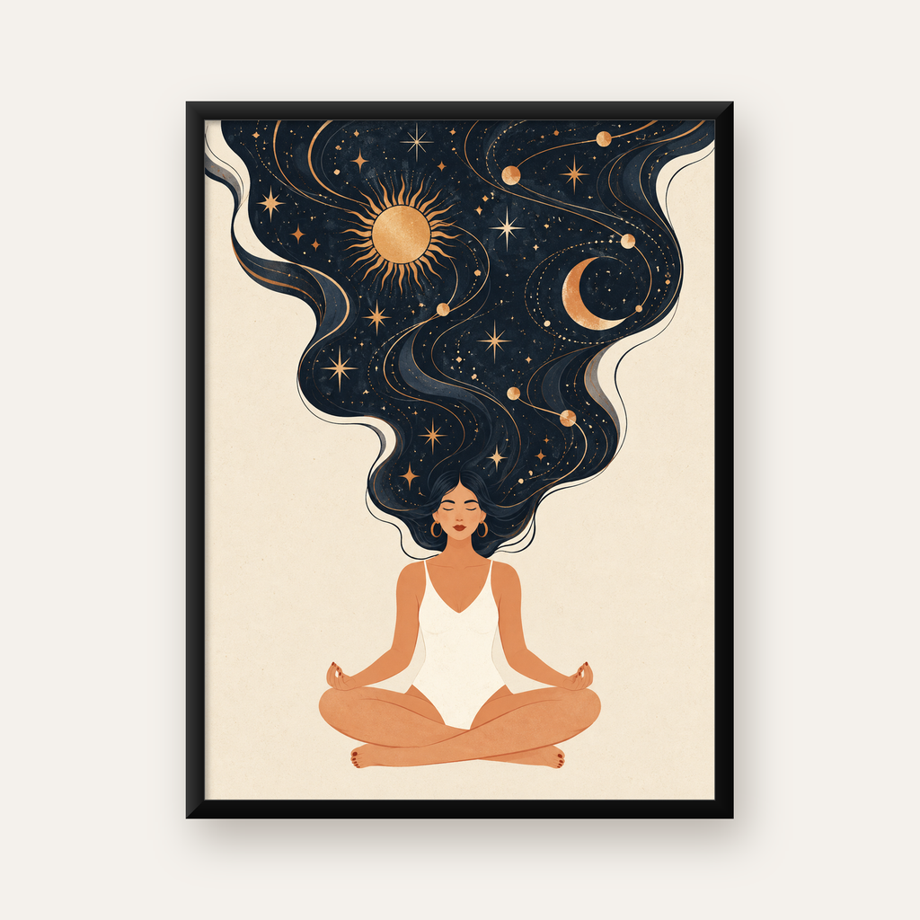Meditasyon Kadını ve Kozmik Saçlar Modern Duvar Posteri — Dikey baskı, düz siyah çerçeveli duvar posteri