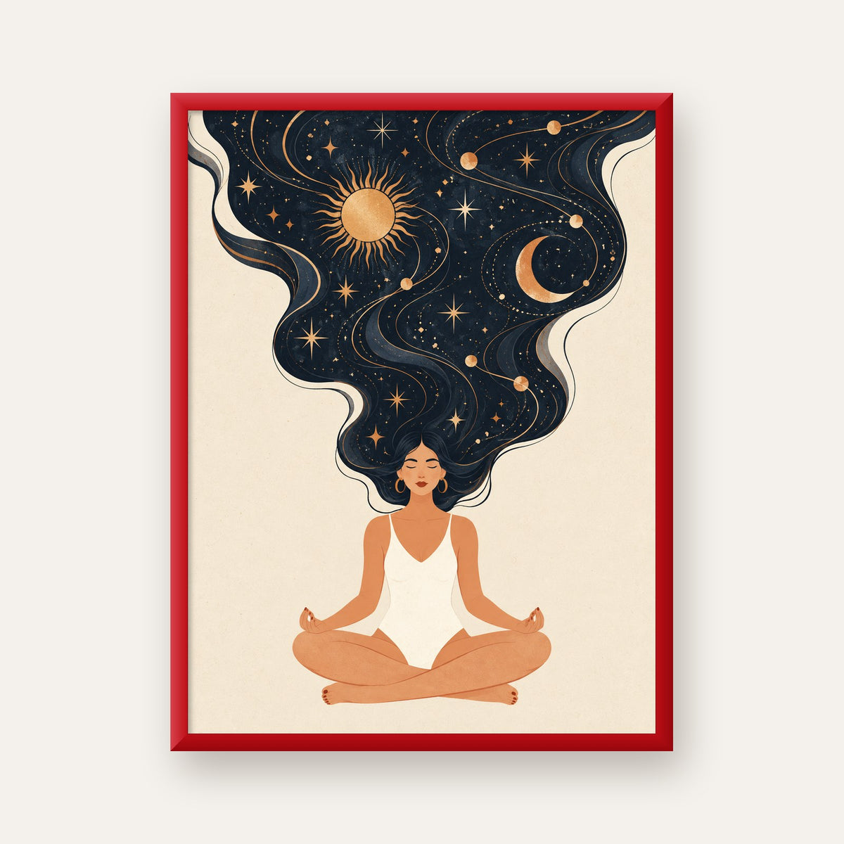 Kozmik Sükûnet Meditasyon Poster — kırmızı çerçeveli