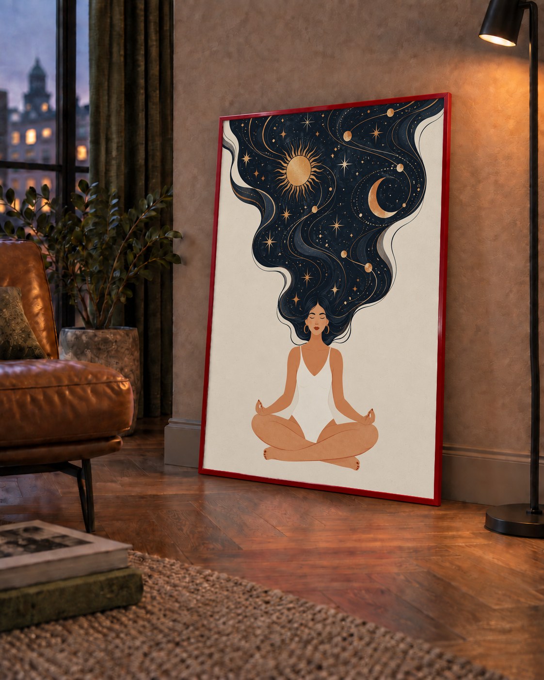Kozmik Sükûnet Meditasyon Poster — çerçeveli hâliyle bir ev duvarında