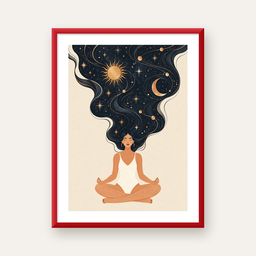 Kozmik Sükûnet Meditasyon Poster — kırmızı çerçeveli paspartulu