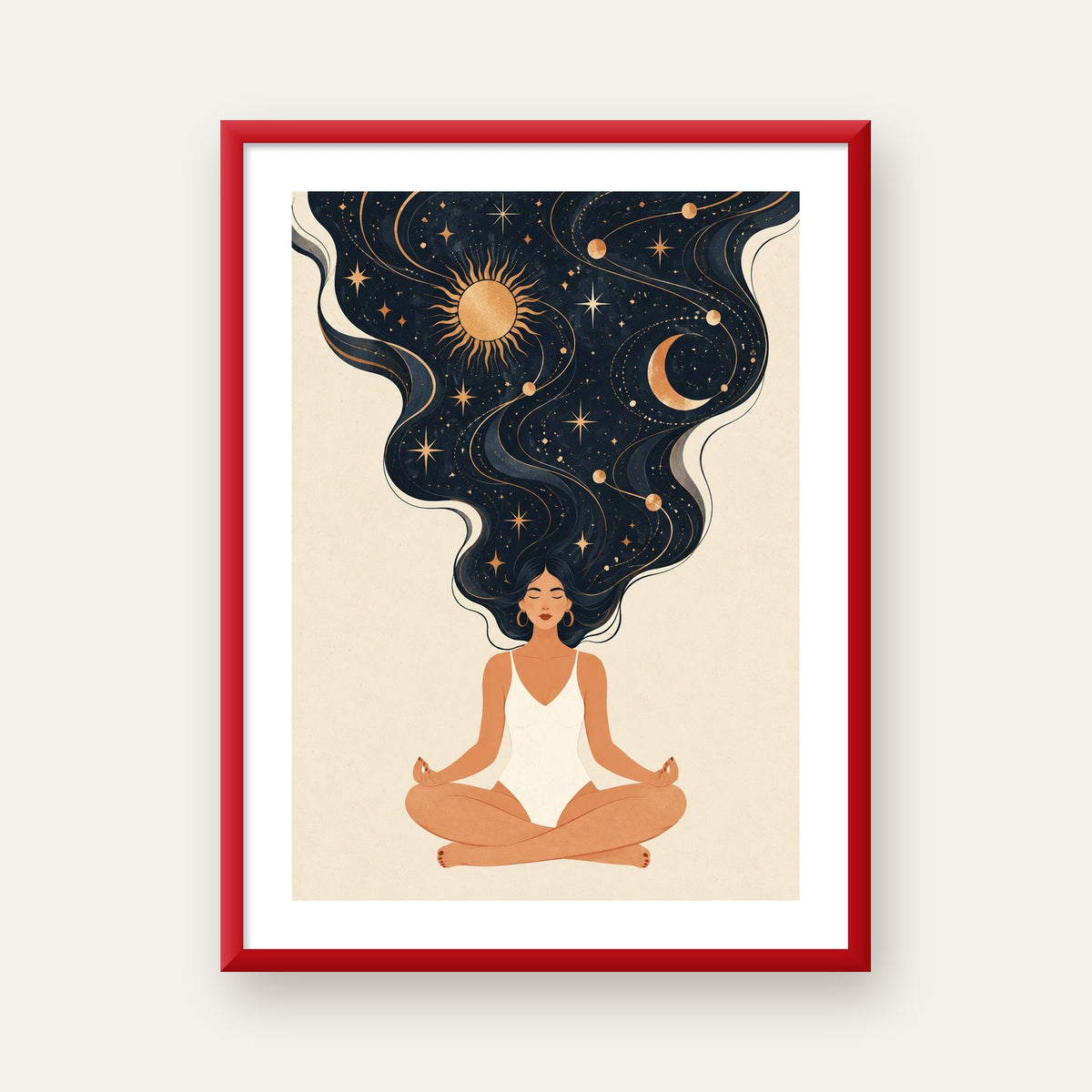 Kozmik Sükûnet Meditasyon Poster — kırmızı çerçeveli paspartulu