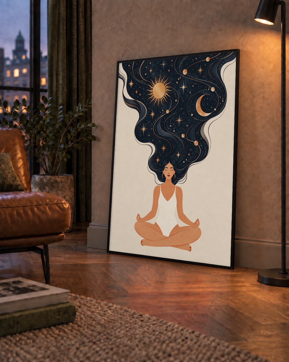 Kozmik Sükûnet Meditasyon Poster — çerçeveli hâliyle bir ev duvarında