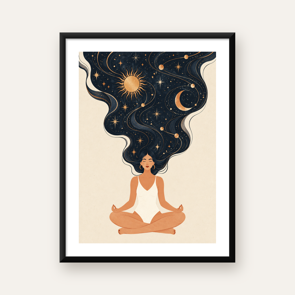 Meditasyon Kadını ve Kozmik Saçlar Modern Duvar Posteri — Dikey baskı, beyaz kenar boşluklu
