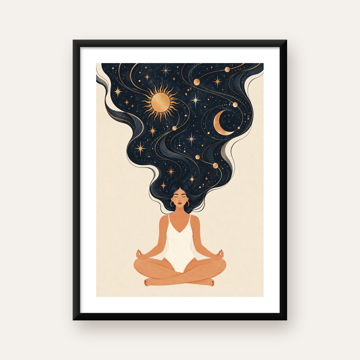 Meditasyon Kadını ve Kozmik Saçlar Modern Duvar Posteri — Dikey baskı, beyaz kenar boşluklu