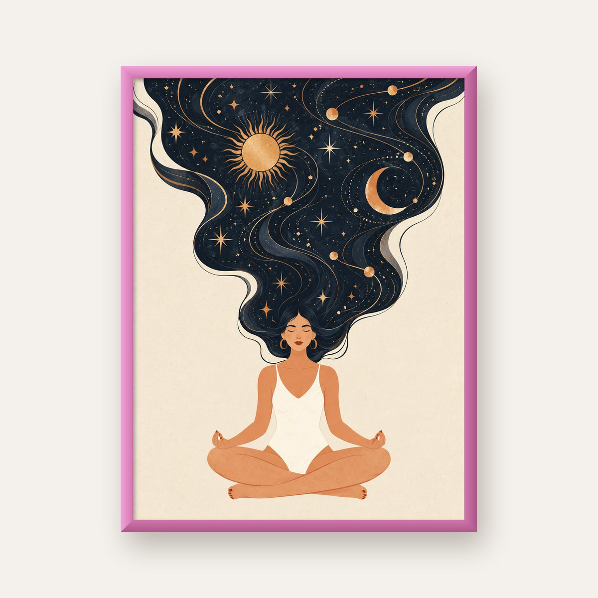 Kozmik Sükûnet Meditasyon Poster — pembe çerçeveli