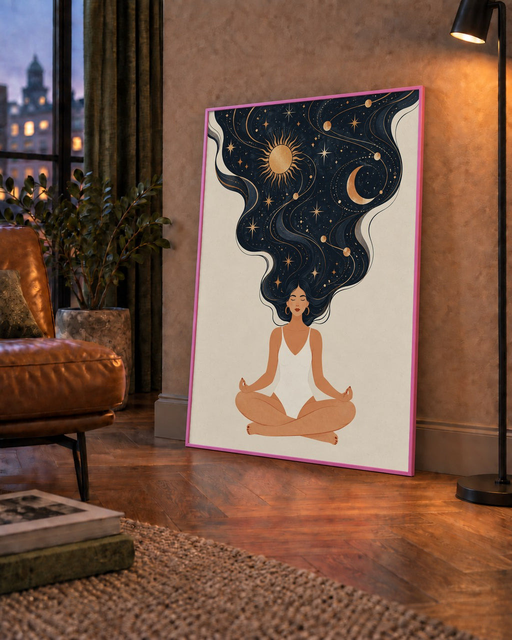 Kozmik Sükûnet Meditasyon Poster — çerçeveli hâliyle bir ev duvarında