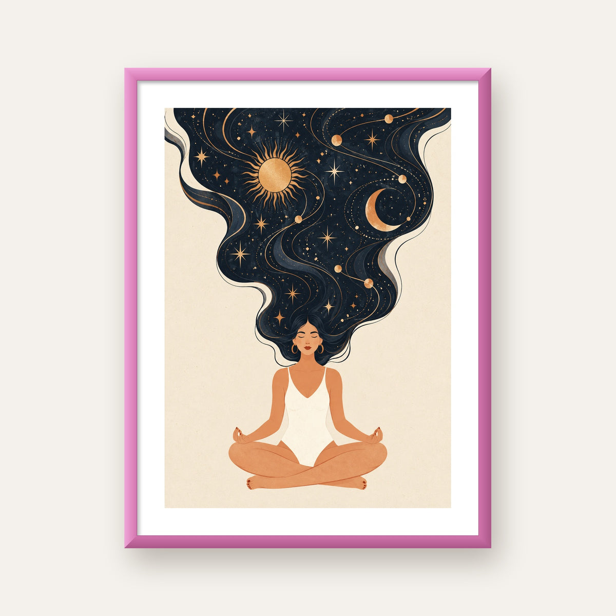 Kozmik Sükûnet Meditasyon Poster — pembe çerçeveli paspartulu