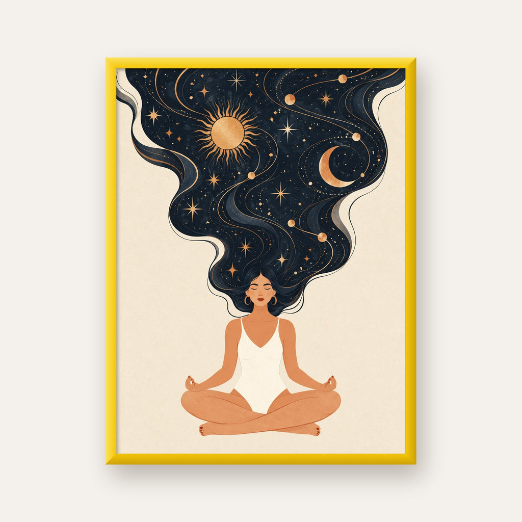 Kozmik Sükûnet Meditasyon Poster — sarı çerçeveli