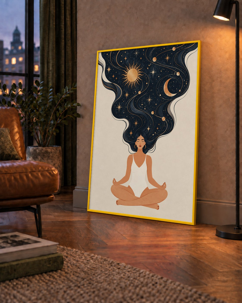 Kozmik Sükûnet Meditasyon Poster — çerçeveli hâliyle bir ev duvarında