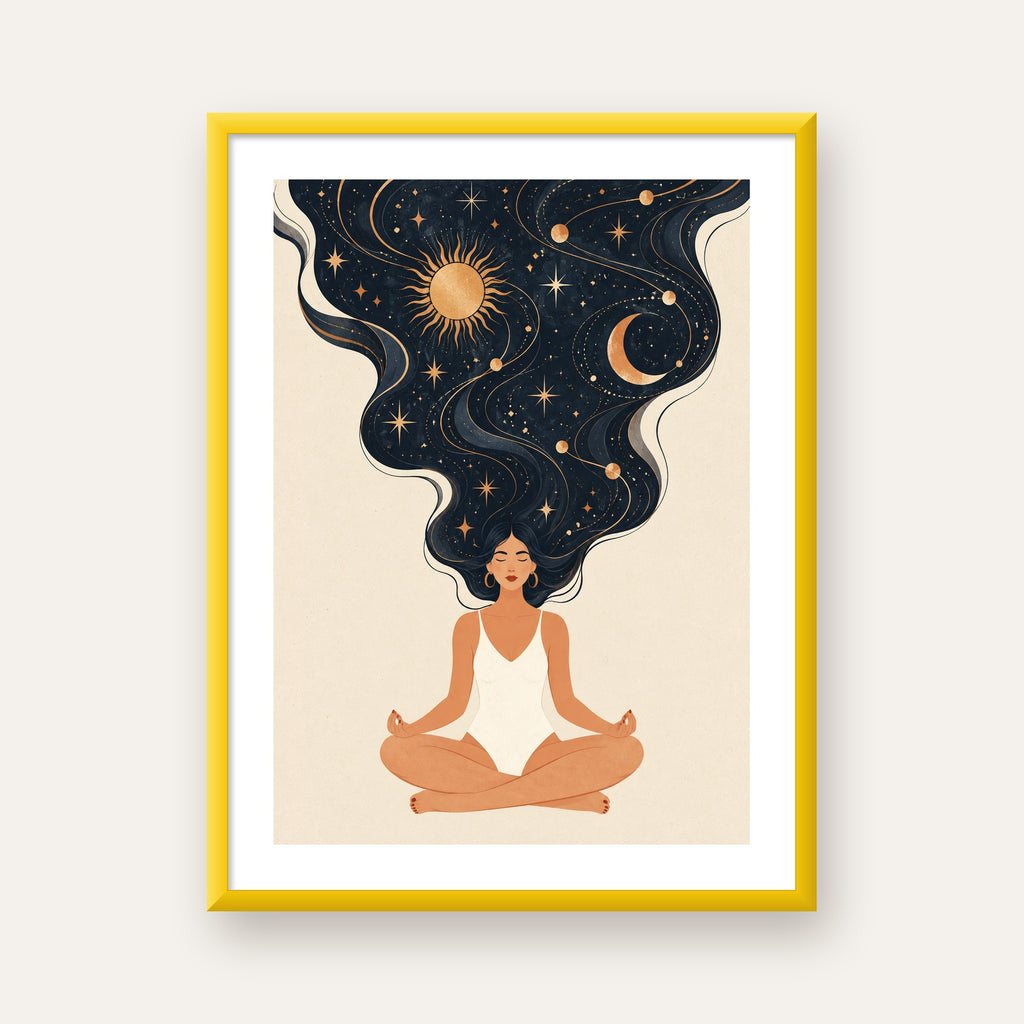 Kozmik Sükûnet Meditasyon Poster — sarı çerçeveli paspartulu
