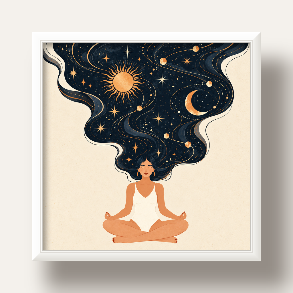 Kozmik Sükûnet Meditasyon Poster — beyaz derin çerçeveli