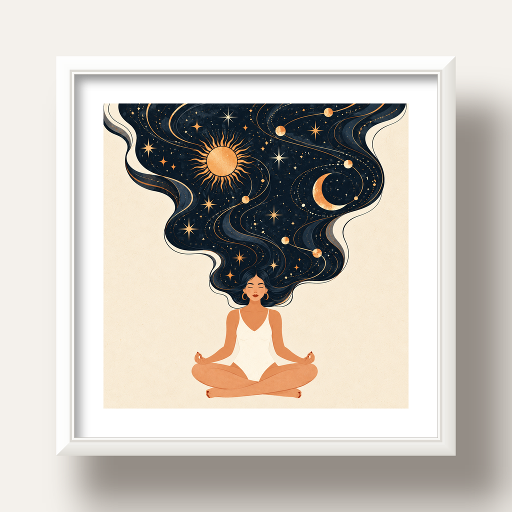 Kozmik Sükûnet Meditasyon Poster — beyaz derin çerçeveli paspartulu