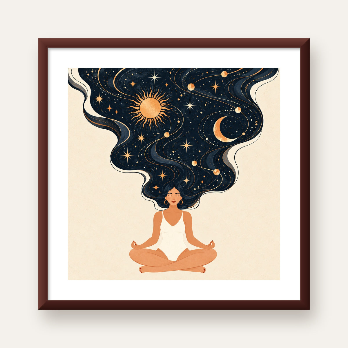 Kozmik Sükûnet Meditasyon Poster — ceviz çerçeveli paspartulu
