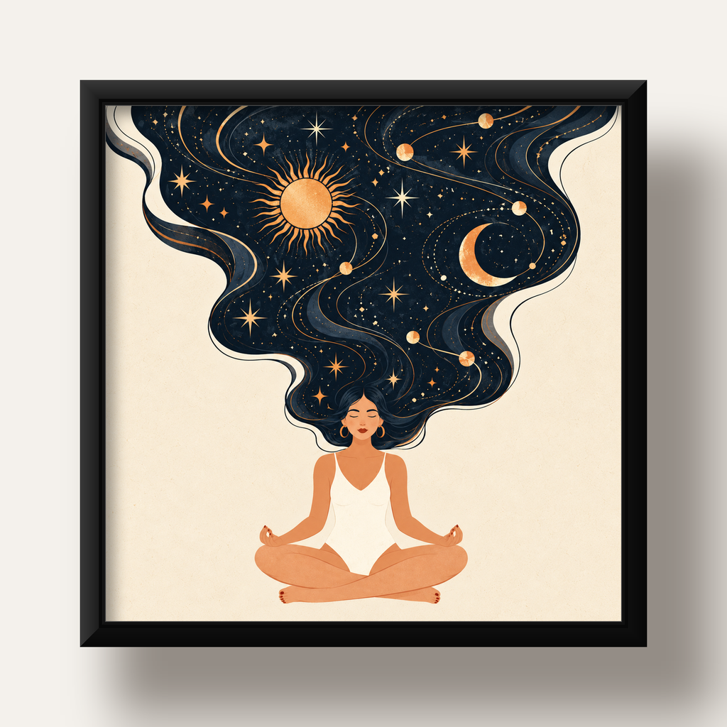 Kozmik Sükûnet Meditasyon Poster — siyah derin çerçeveli