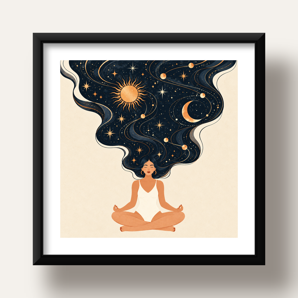 Kozmik Sükûnet Meditasyon Poster — siyah derin çerçeveli paspartulu