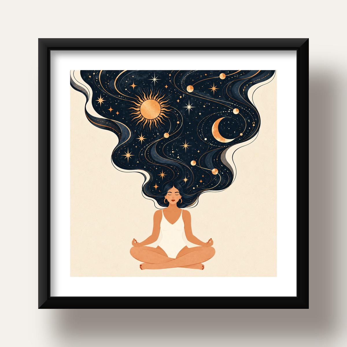 Kozmik Sükûnet Meditasyon Poster — siyah derin çerçeveli paspartulu