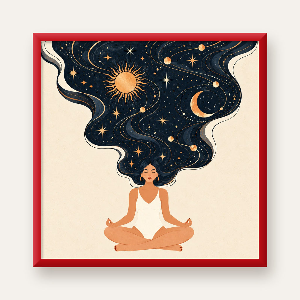 Kozmik Sükûnet Meditasyon Poster — kırmızı çerçeveli