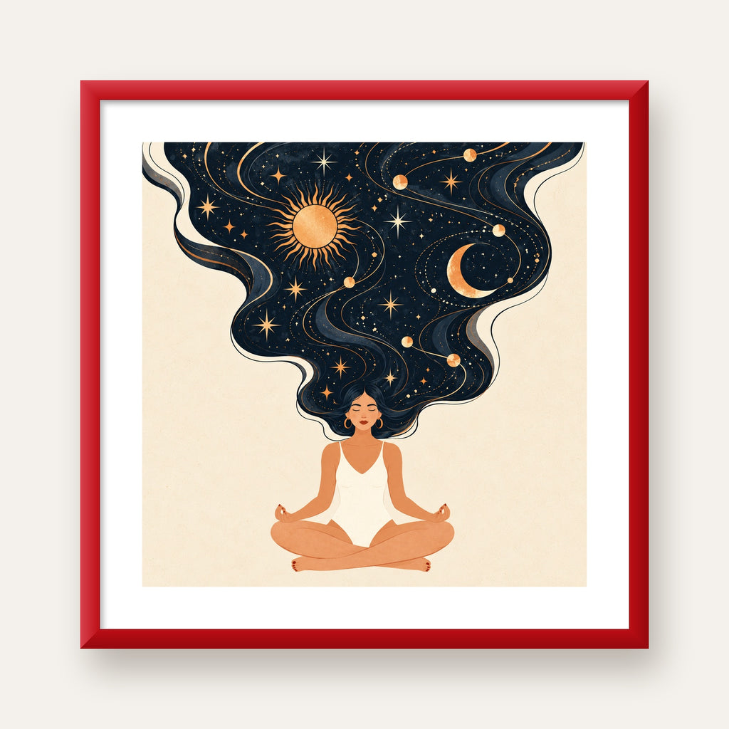Kozmik Sükûnet Meditasyon Poster — kırmızı çerçeveli paspartulu
