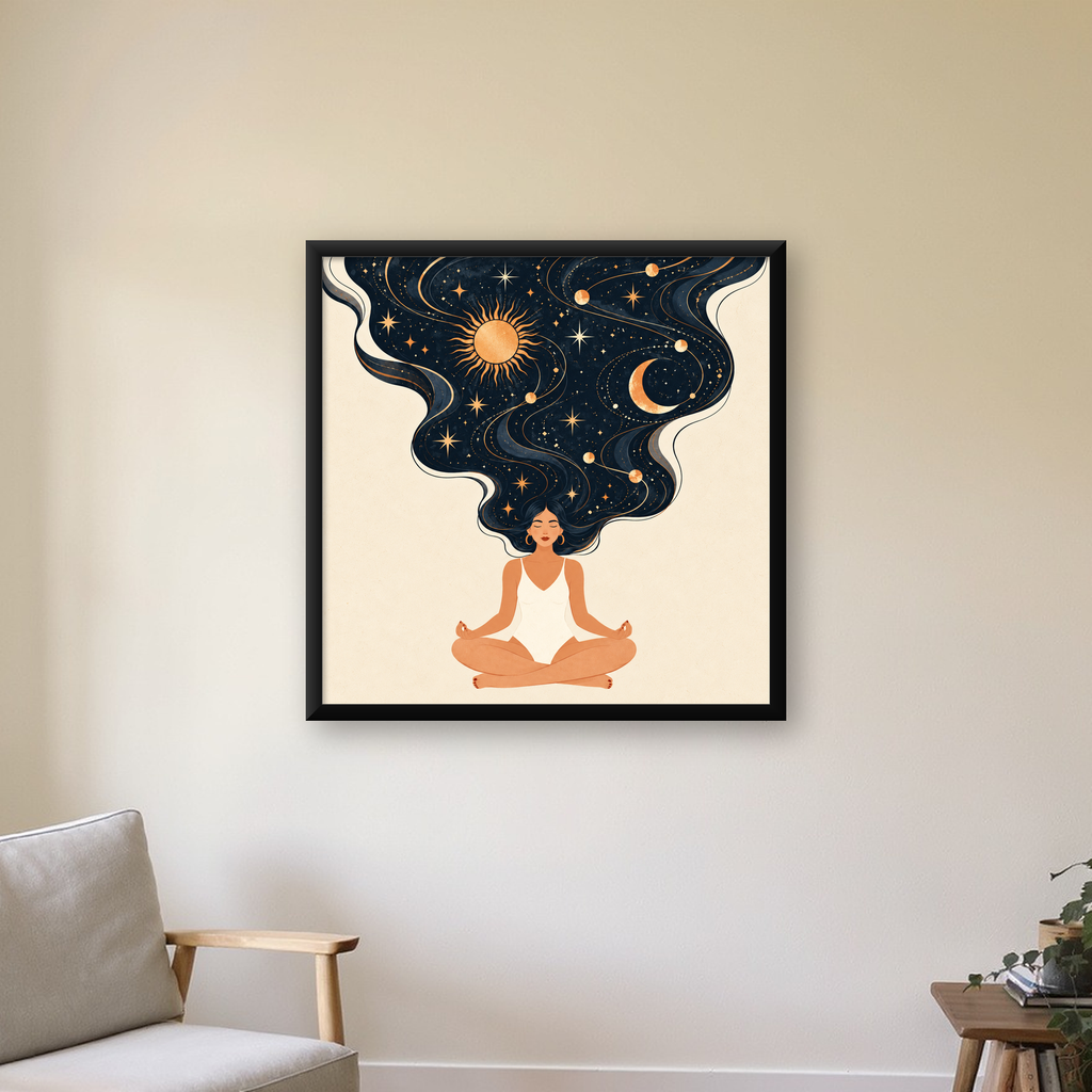 Meditasyon Kadını ve Kozmik Saçlar Modern Duvar Posteri — Kare baskı, çerçeveli hâliyle bir ev duvarında
