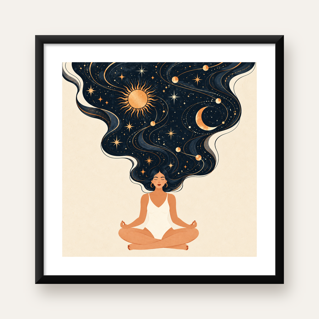 Meditasyon Kadını ve Kozmik Saçlar Modern Duvar Posteri — Kare baskı, beyaz kenar boşluklu