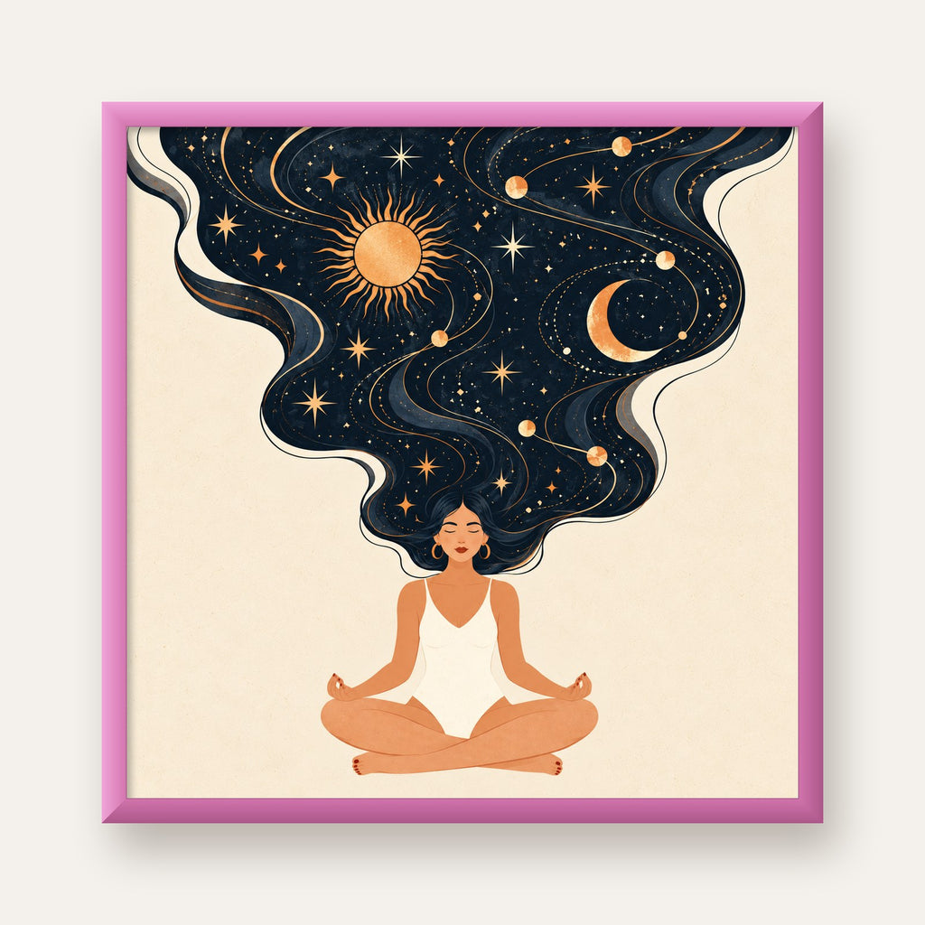 Kozmik Sükûnet Meditasyon Poster — pembe çerçeveli