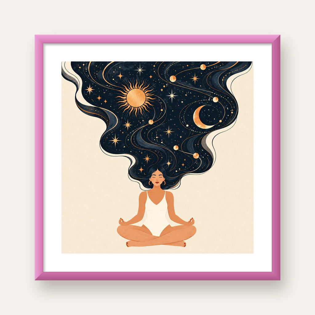 Kozmik Sükûnet Meditasyon Poster — pembe çerçeveli paspartulu