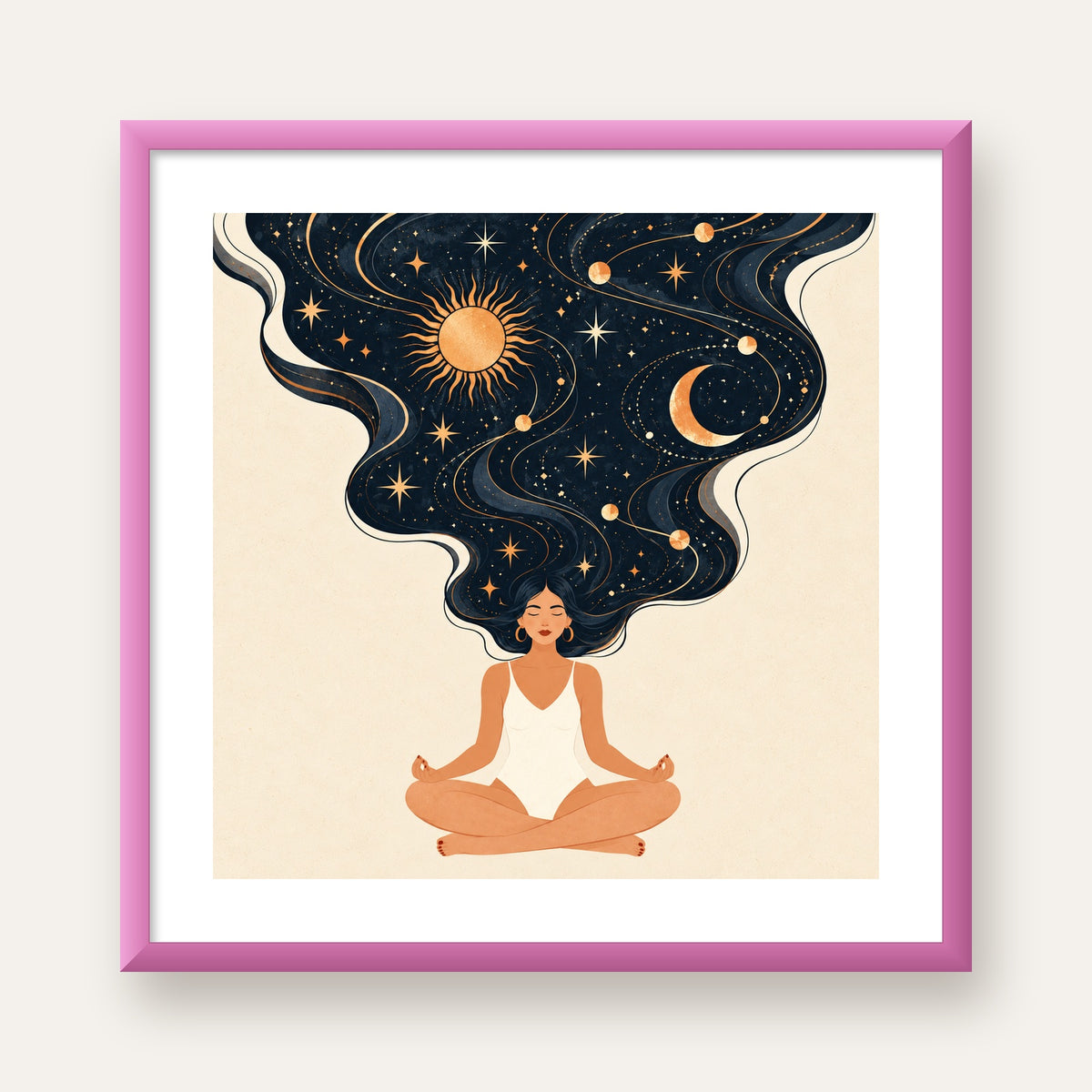 Kozmik Sükûnet Meditasyon Poster — pembe çerçeveli paspartulu