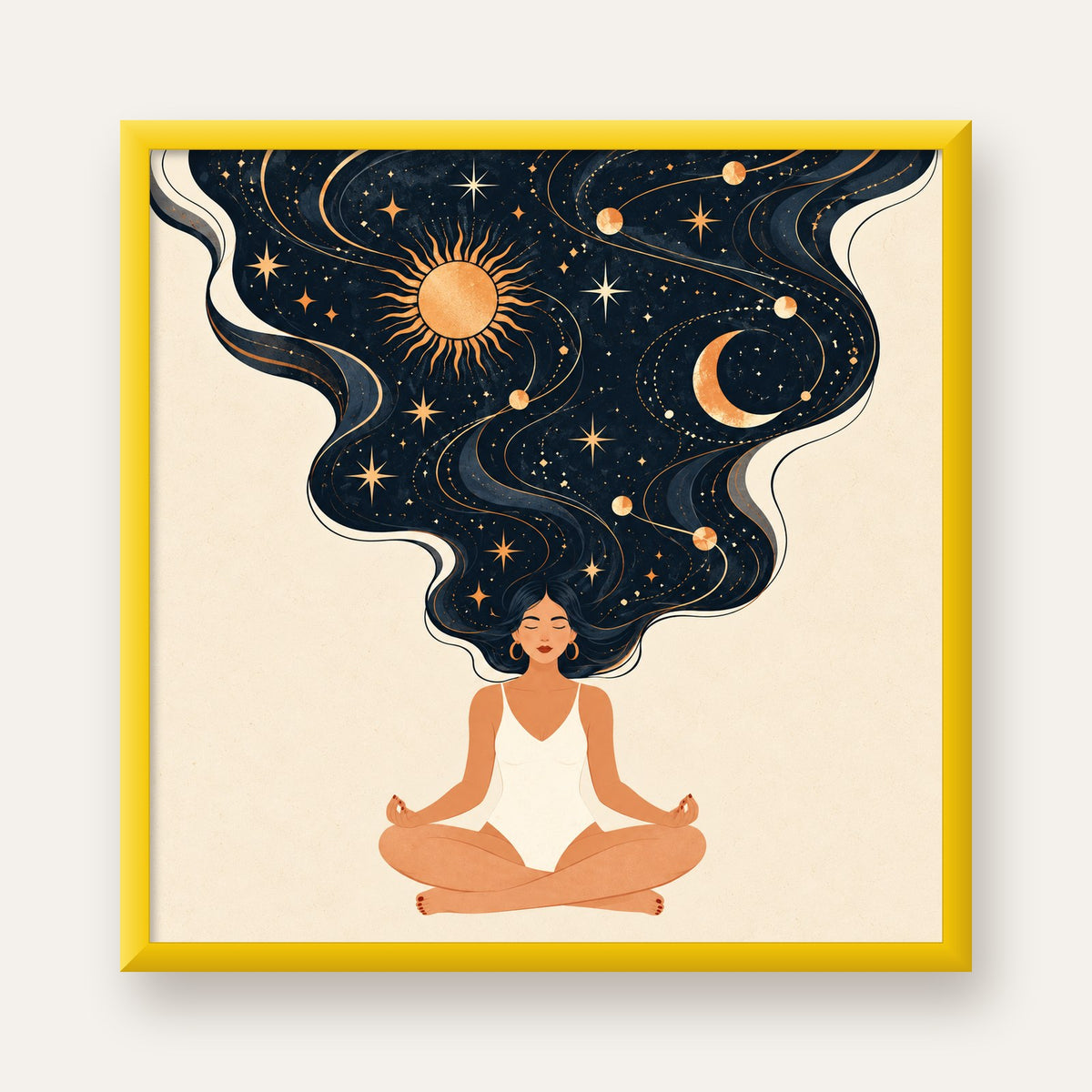 Kozmik Sükûnet Meditasyon Poster — sarı çerçeveli