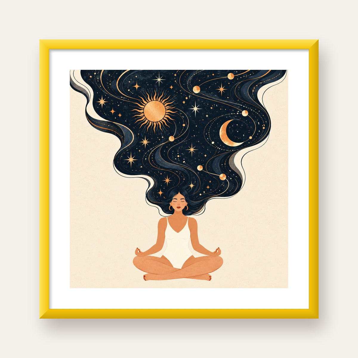 Kozmik Sükûnet Meditasyon Poster — sarı çerçeveli paspartulu