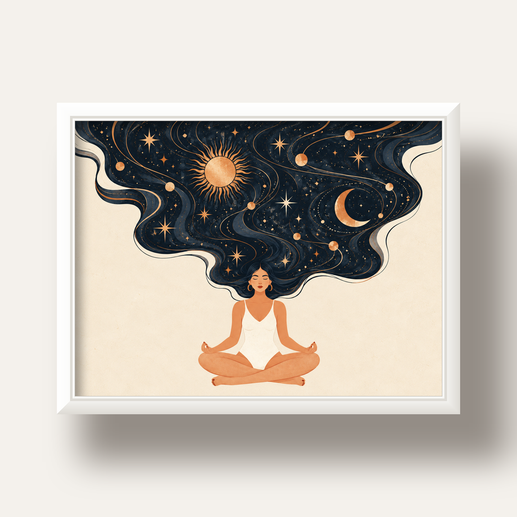 Kozmik Sükûnet Meditasyon Poster — beyaz derin çerçeveli