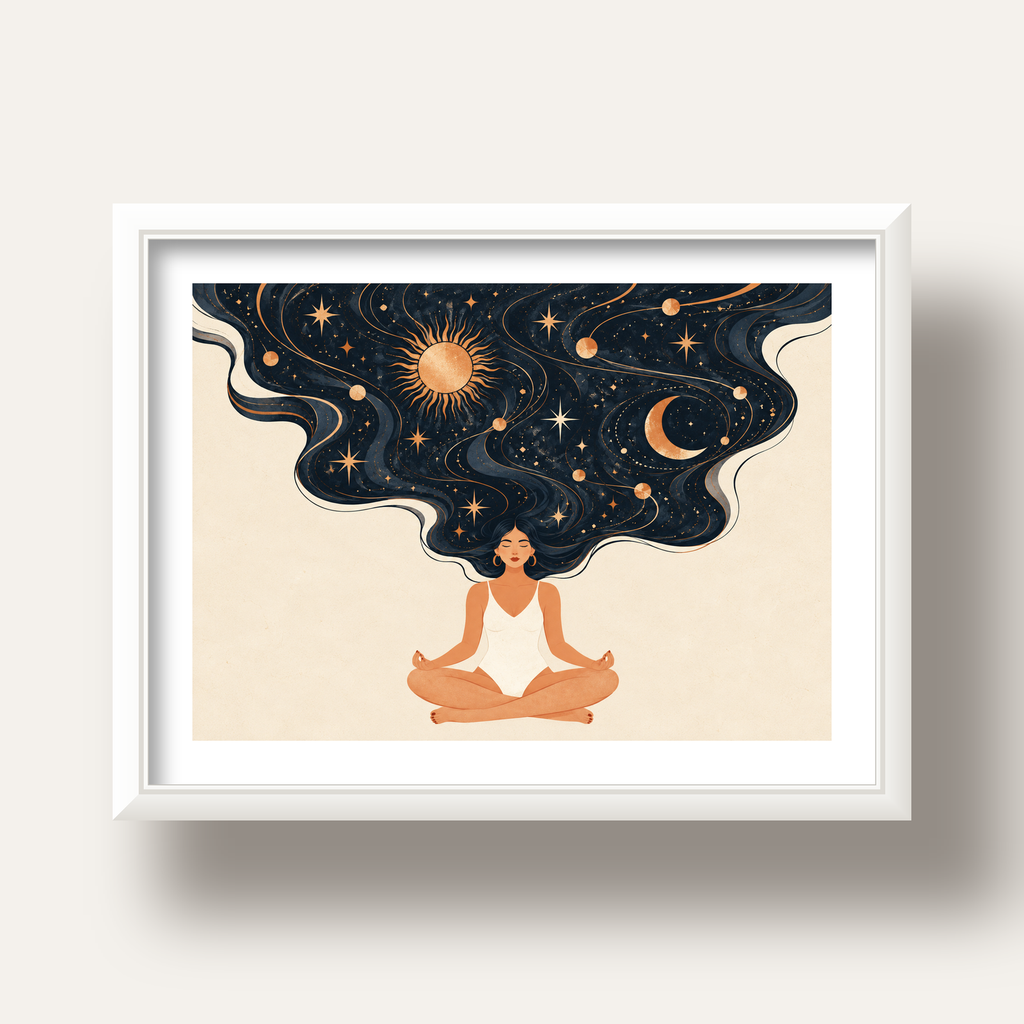 Kozmik Sükûnet Meditasyon Poster — beyaz derin çerçeveli paspartulu