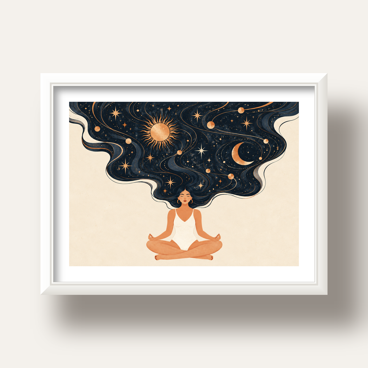 Kozmik Sükûnet Meditasyon Poster — beyaz derin çerçeveli paspartulu